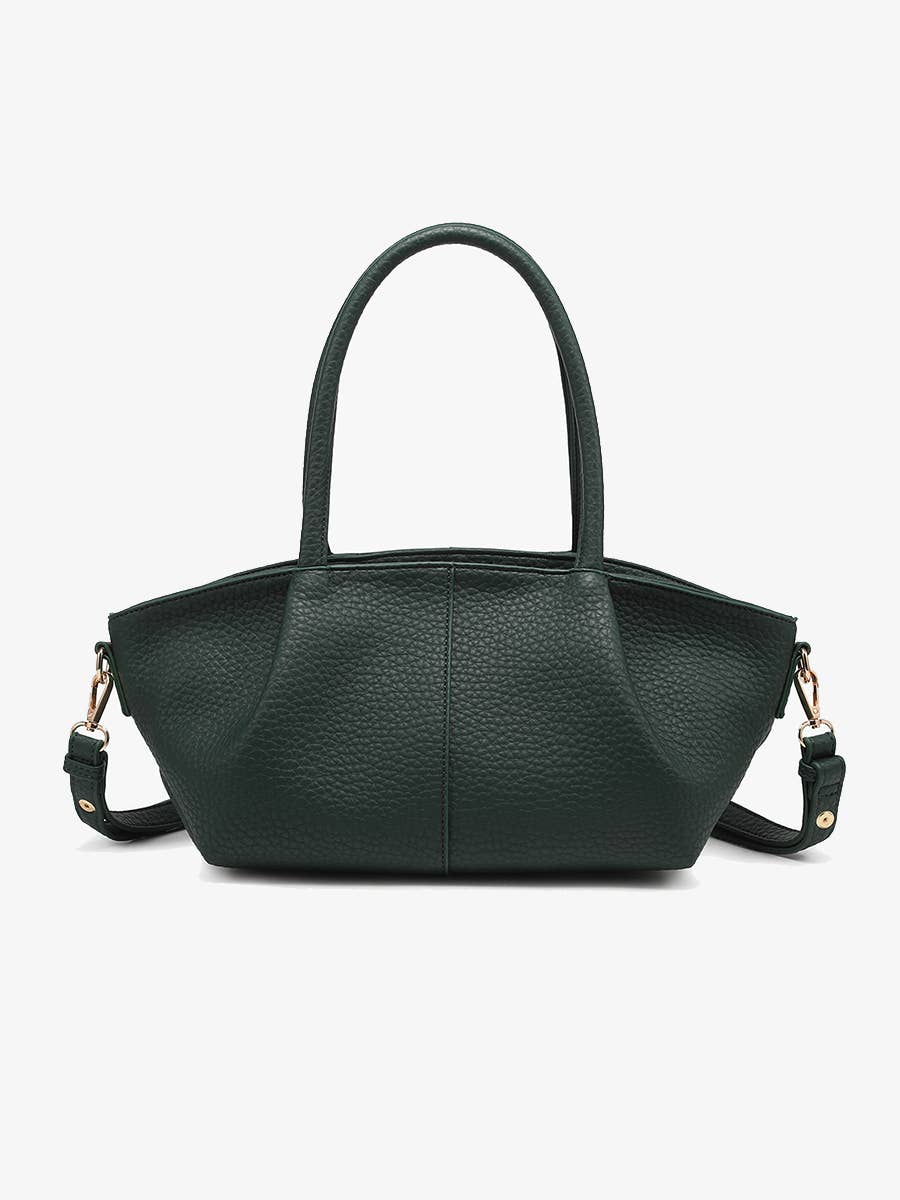 Dark green pebbled leather baguette bag with dual top handles and crossbody strap