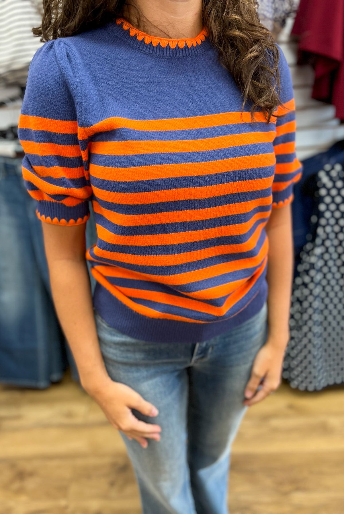 LovLov navy and orange striped short puff sleeve sweater with scallop trim