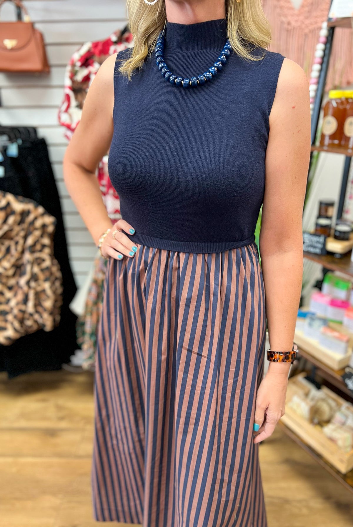 Entro navy sleeveless mock neck midi dress with brown and navy striped skirt