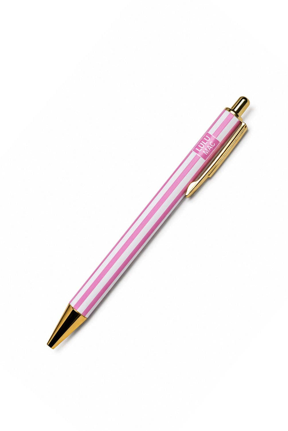Pink and white striped ballpoint pen with gold metal accents and clip