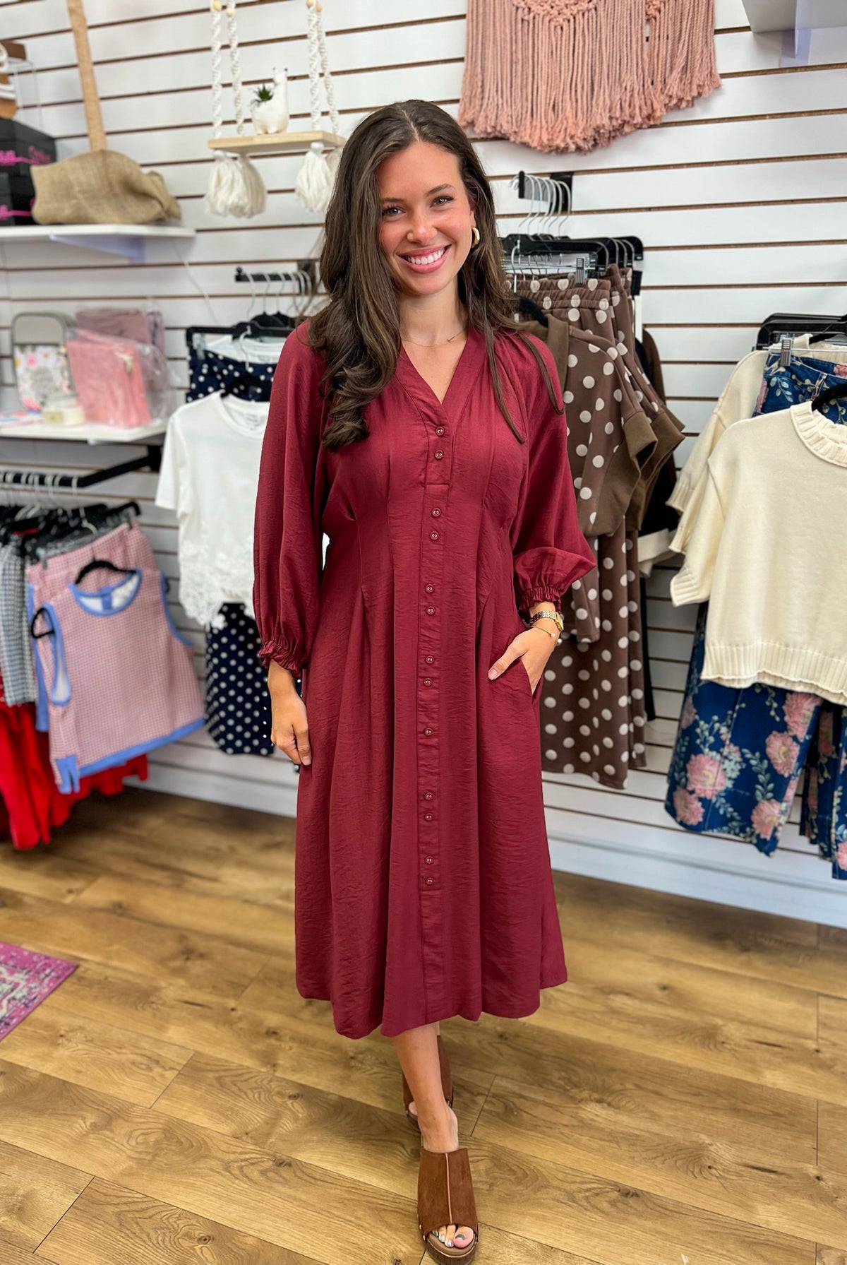 Burgundy Button Down Long Sleeve Midi Dress - A'Bekah's Boutique