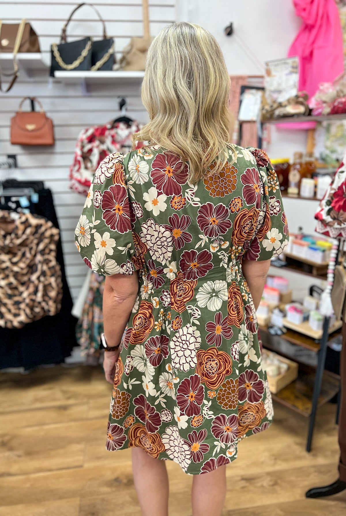Entro olive green floral mini dress with puff sleeves, rust and burgundy blooms