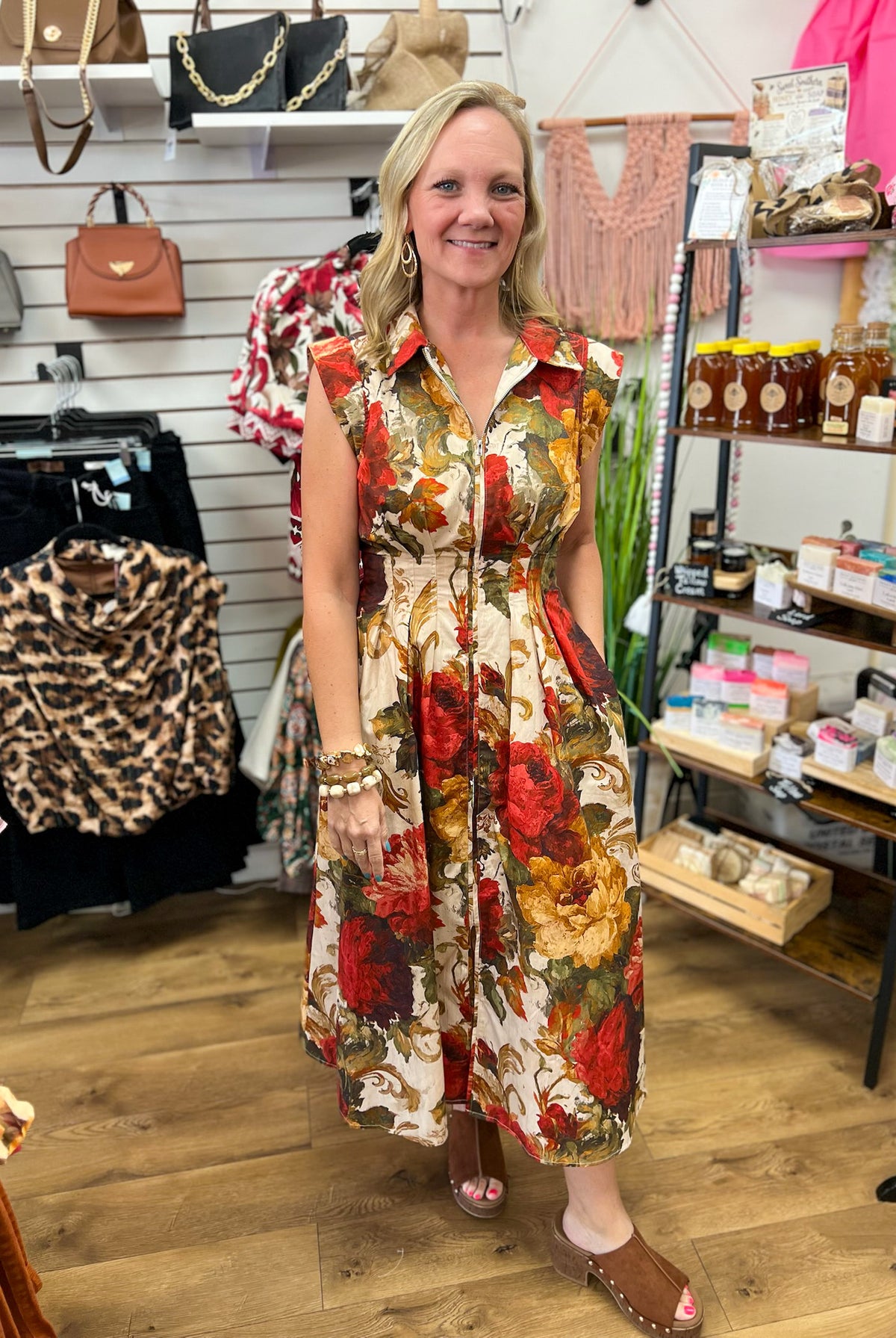 Entro cream midi dress with red and gold floral print, zip front, sleeveless
