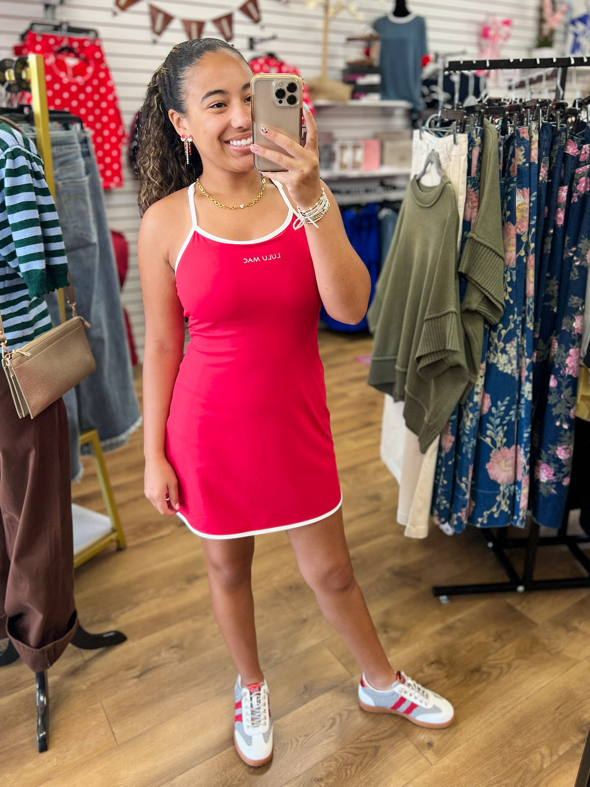 Lulu Mac red athletic mini dress with white trim and spaghetti straps