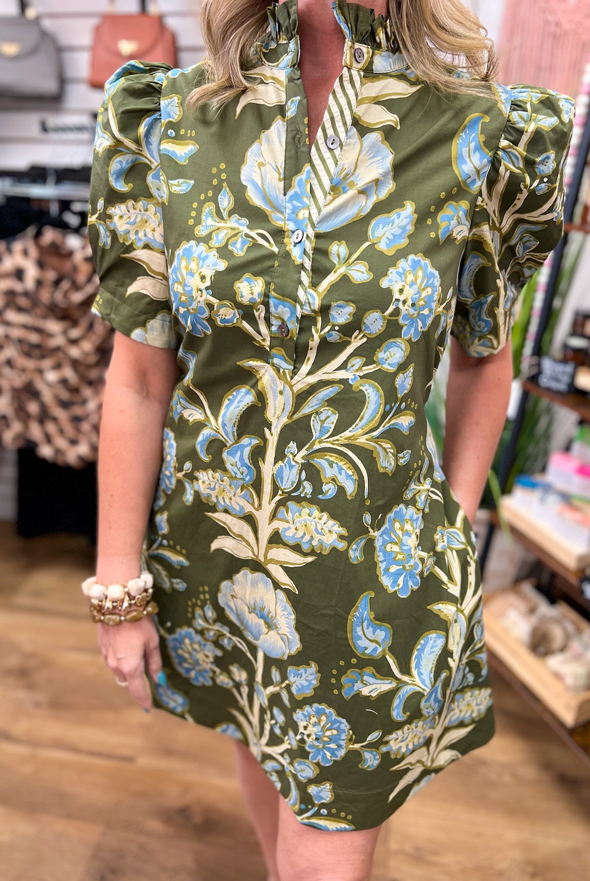 Entro olive green floral mini dress with puff sleeves and ruffle collar