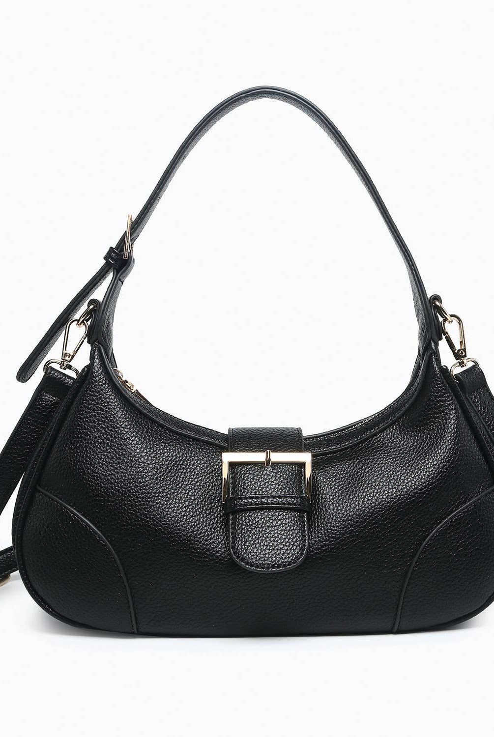Black pebbled leather shoulder bag with gold buckle detail and crossbody strap