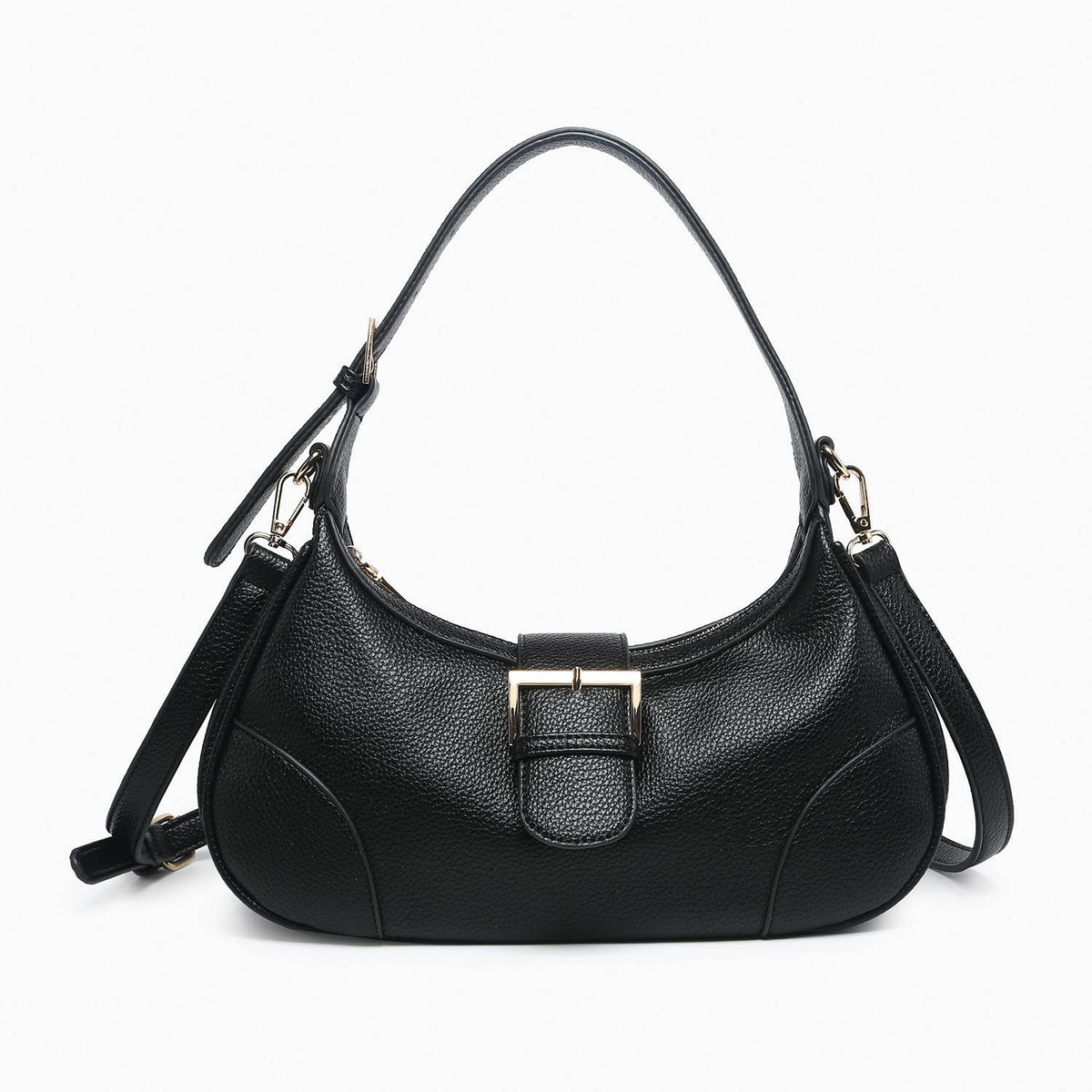 Black pebbled leather shoulder bag with gold buckle detail and crossbody strap