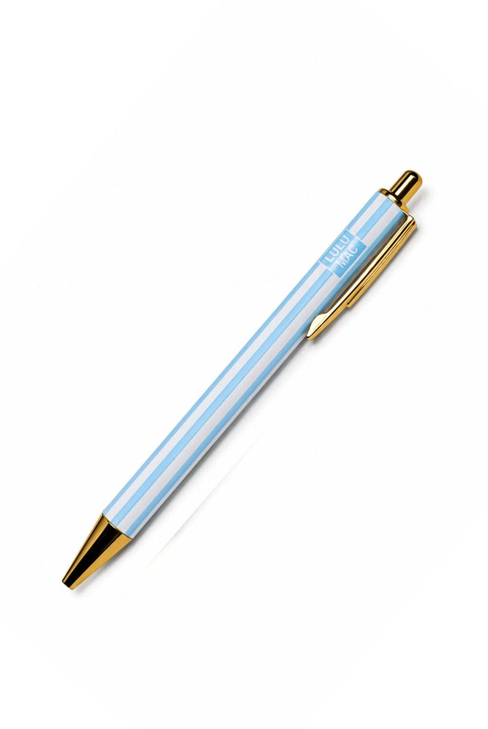Light blue and white striped ballpoint pen with gold metal accents by Lulu Mac