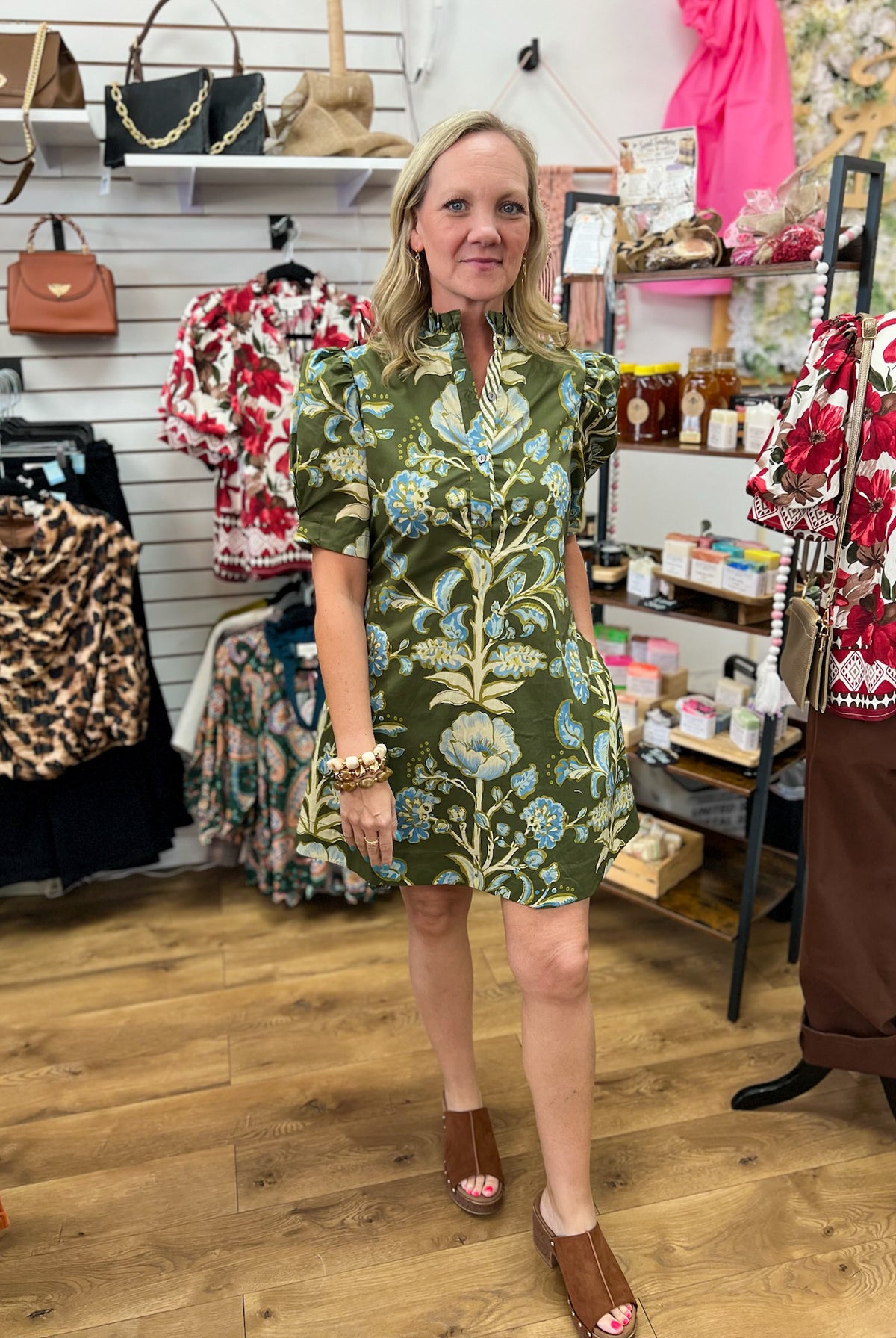 Entro olive green floral mini dress with short puff sleeves and mock neck