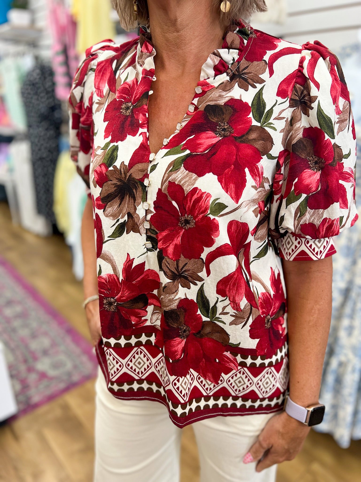 Entro burgundy floral print short puff sleeve button-front blouse with geometric hem border
