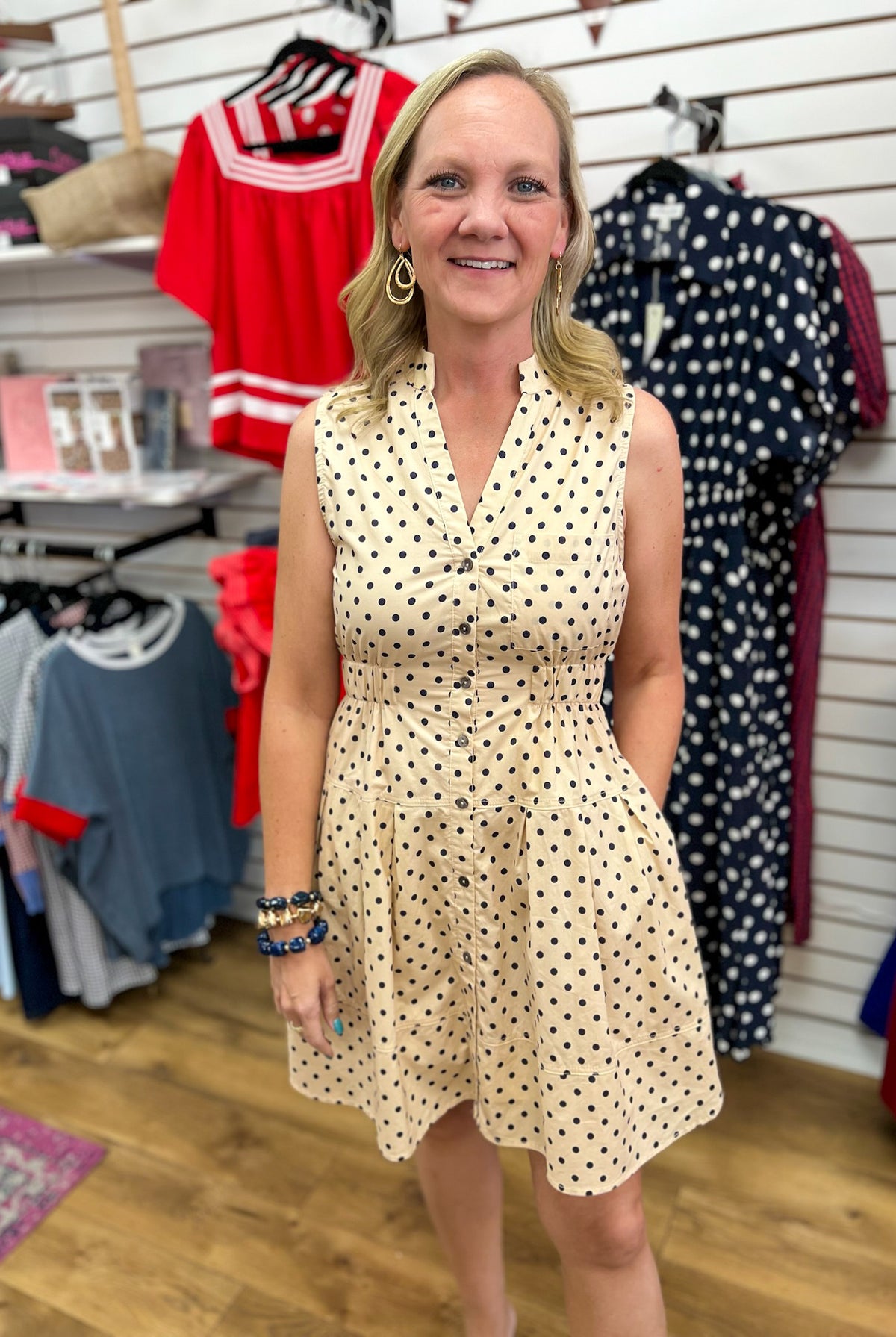 Entro ecru sleeveless polka dot button-front mini dress with elastic waist and pockets