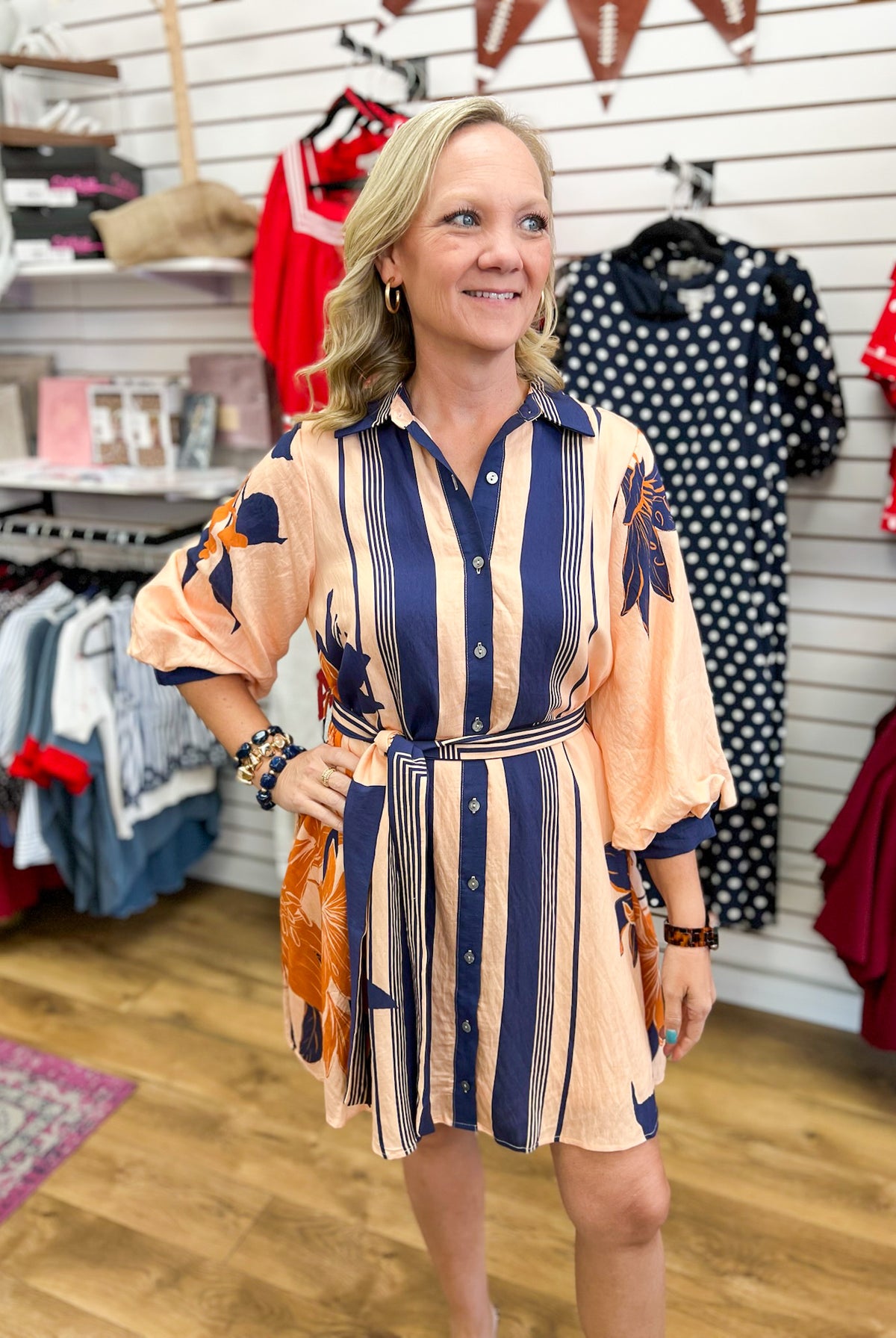 Entro navy and peach striped floral button-up mini dress with balloon sleeves and belt