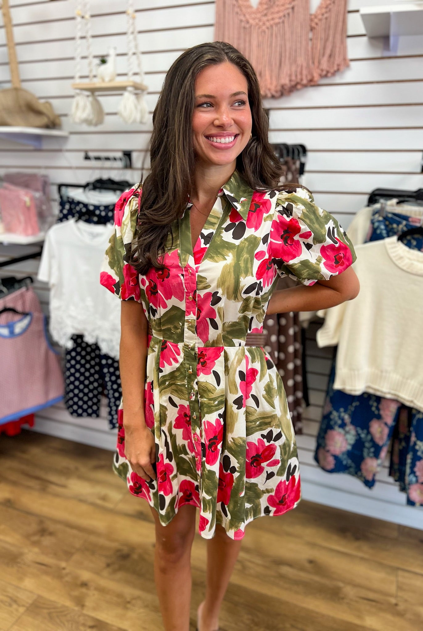 Olive Floral V-Neck Dress with Short Puff Sleeves - A'Bekah's Boutique