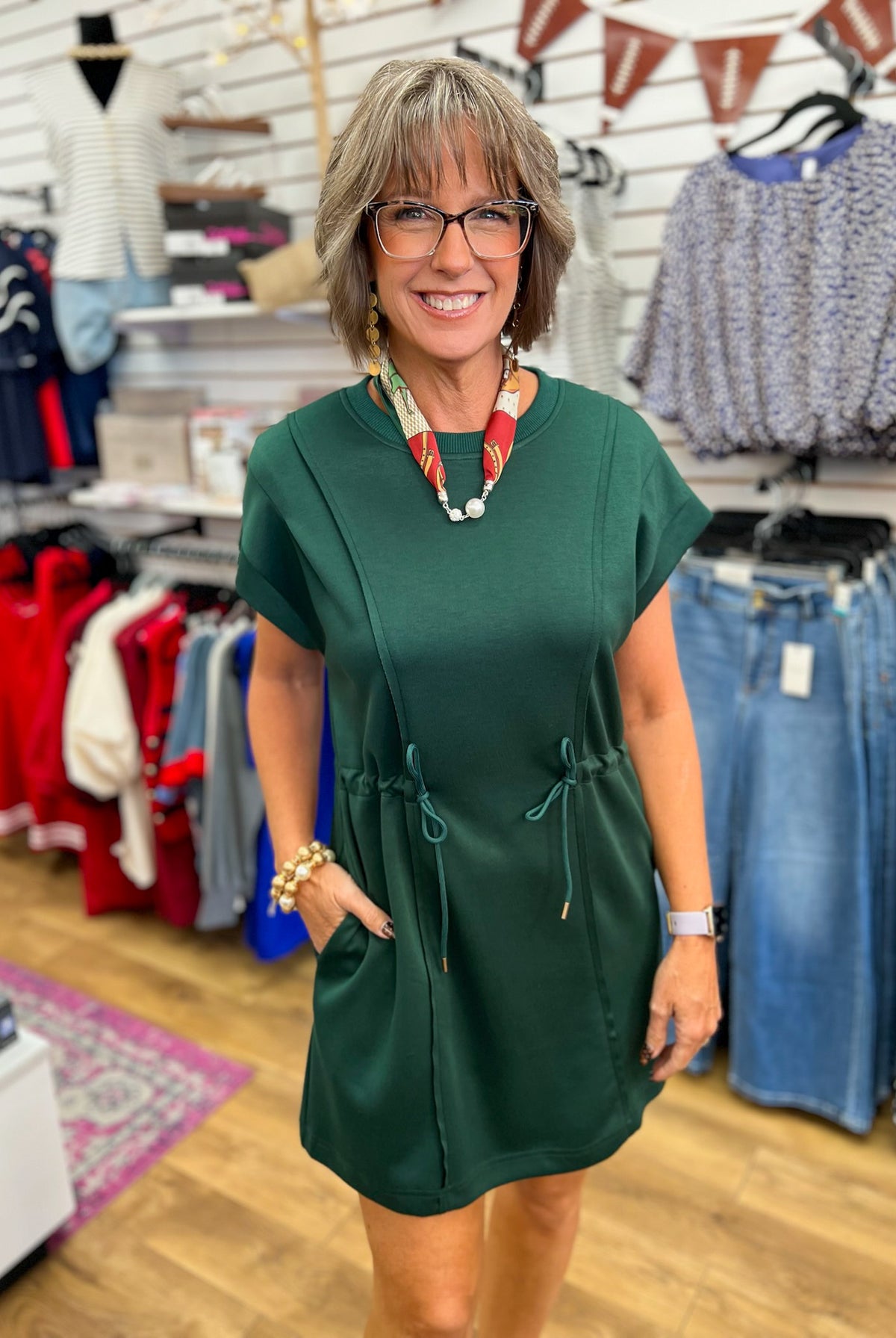 Evergreen Umgee luxe knit mini dress with drawstring waist and side pockets