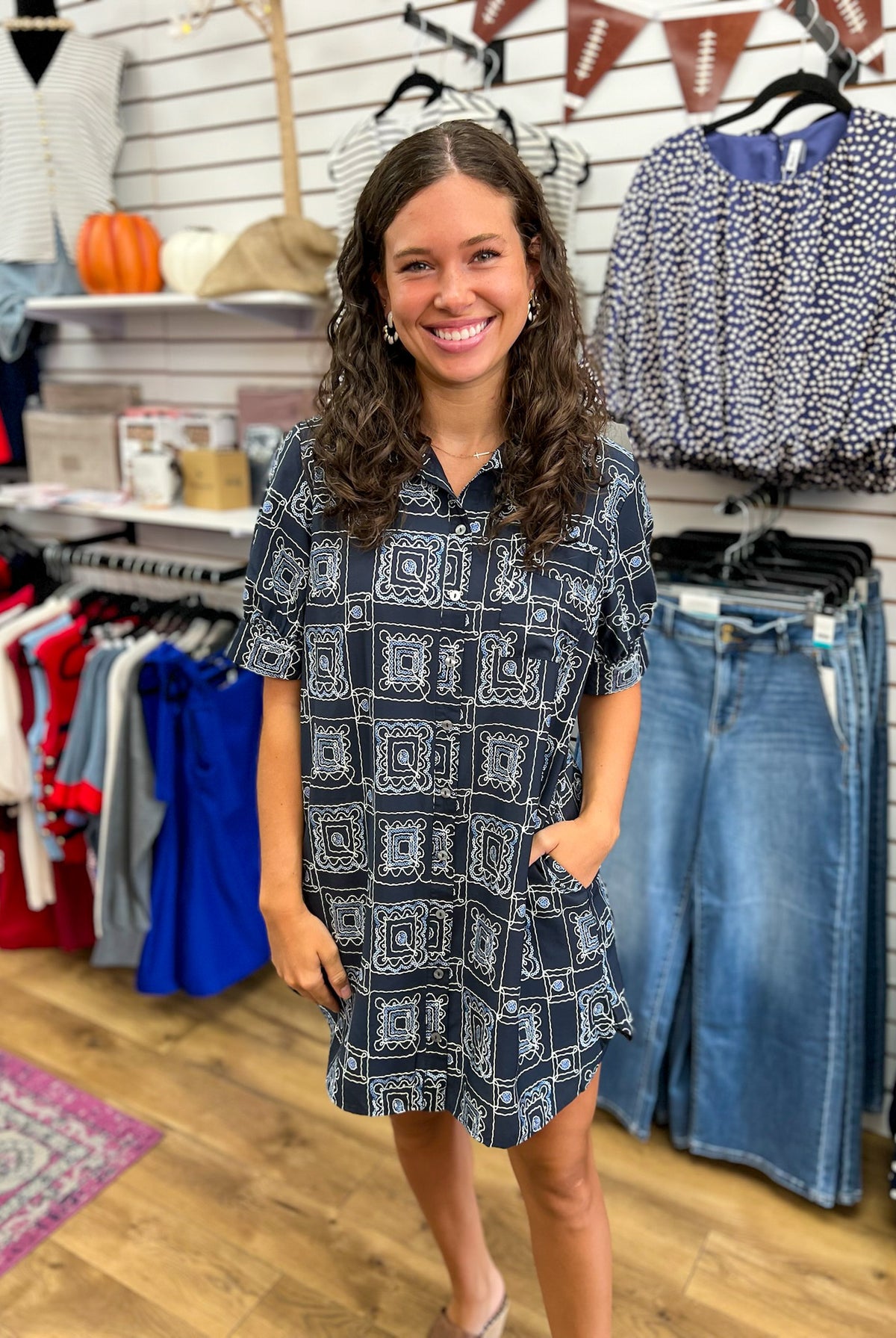 Entro navy bandana print short sleeve shirt dress with button front and pockets