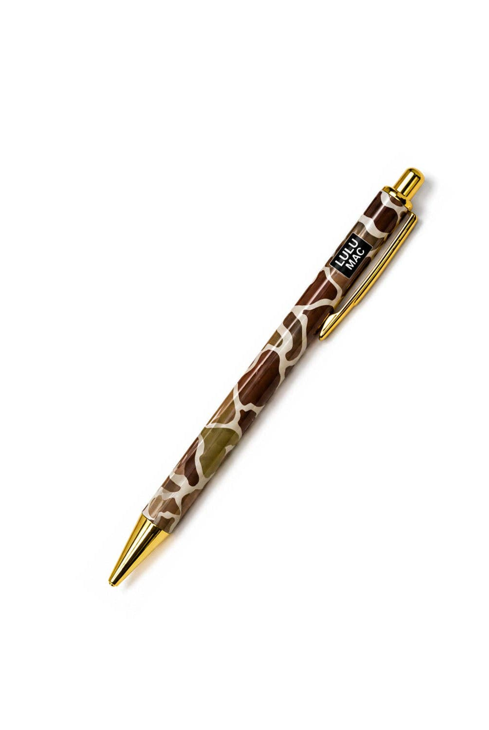 Lulu Mac giraffe print ballpoint pen with gold accents and clip
