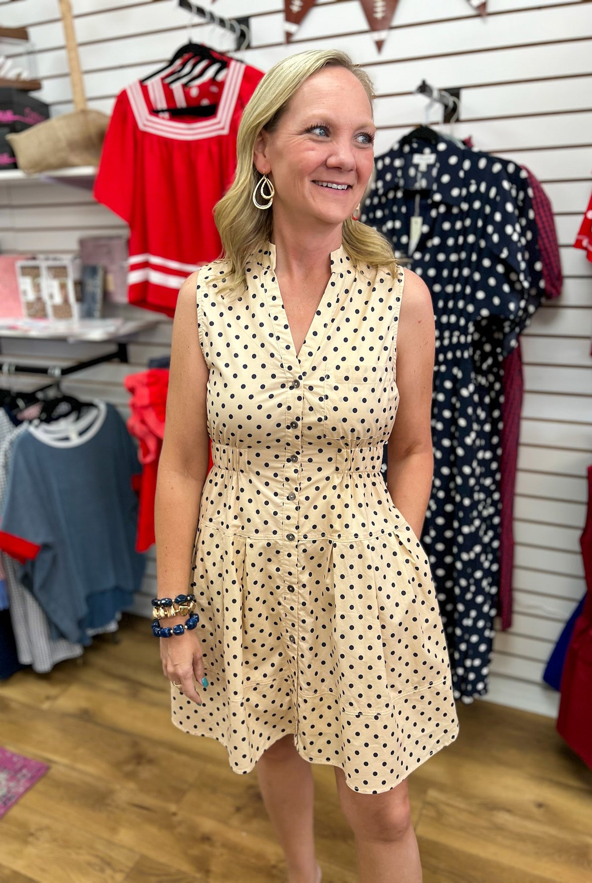 Entro ecru sleeveless polka dot button-front mini dress with elastic waist and pockets