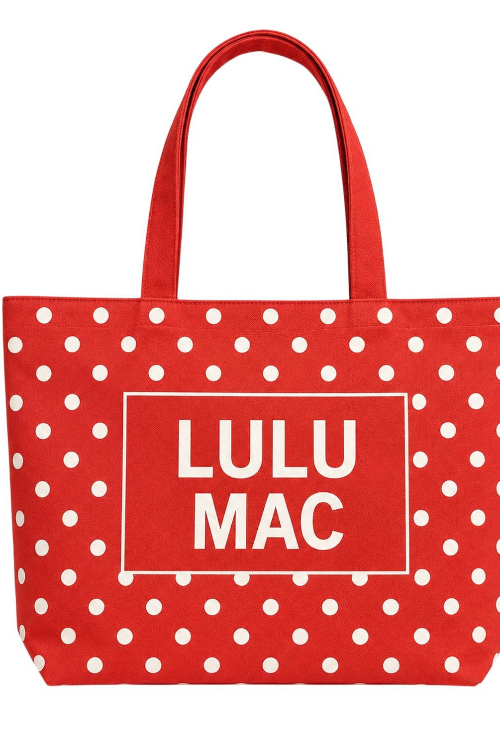 Red polka dot canvas tote bag with white dots and Lulu Mac logo print