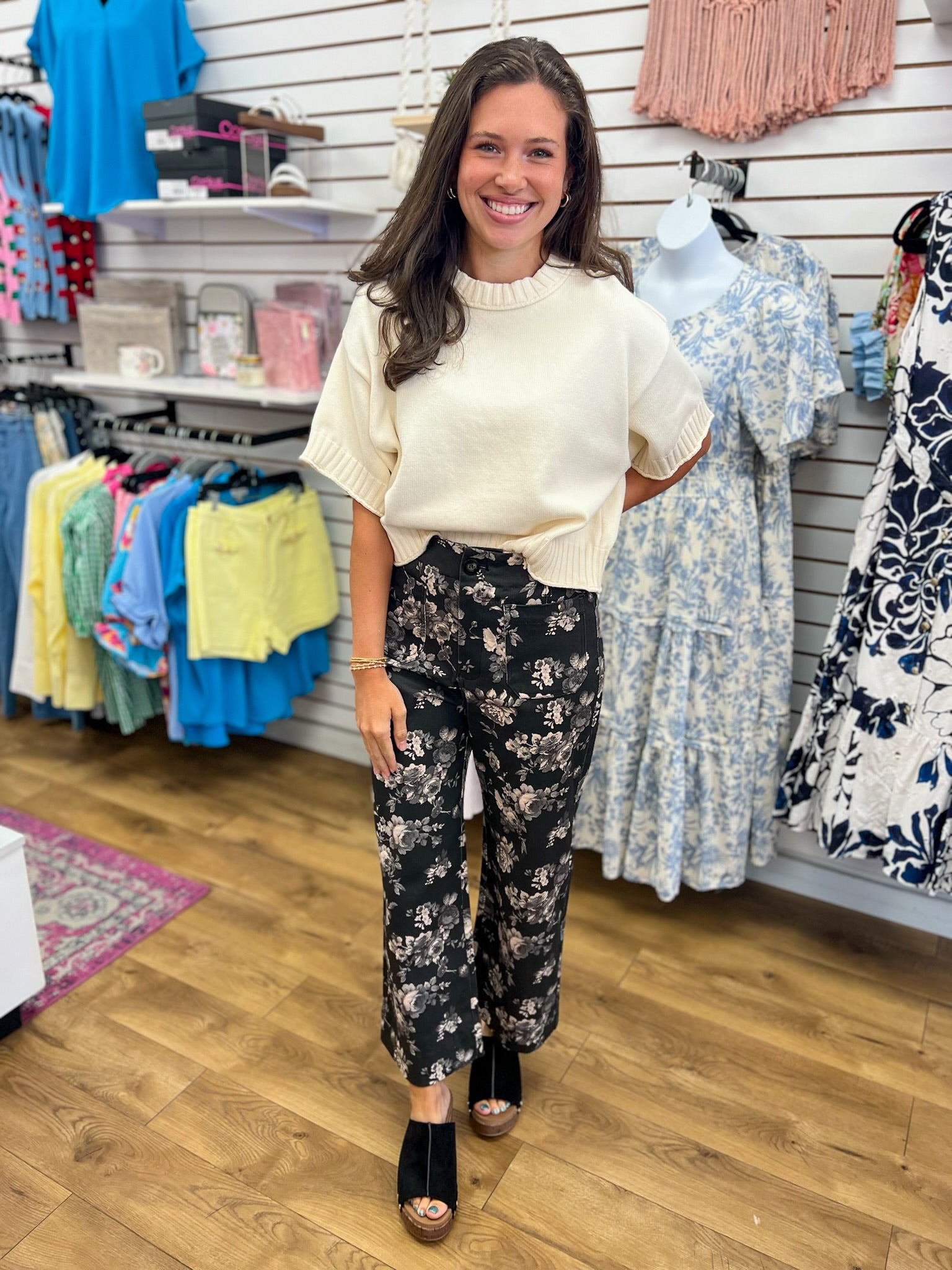 Umgee black floral wide leg cropped pants with high waist and button detail