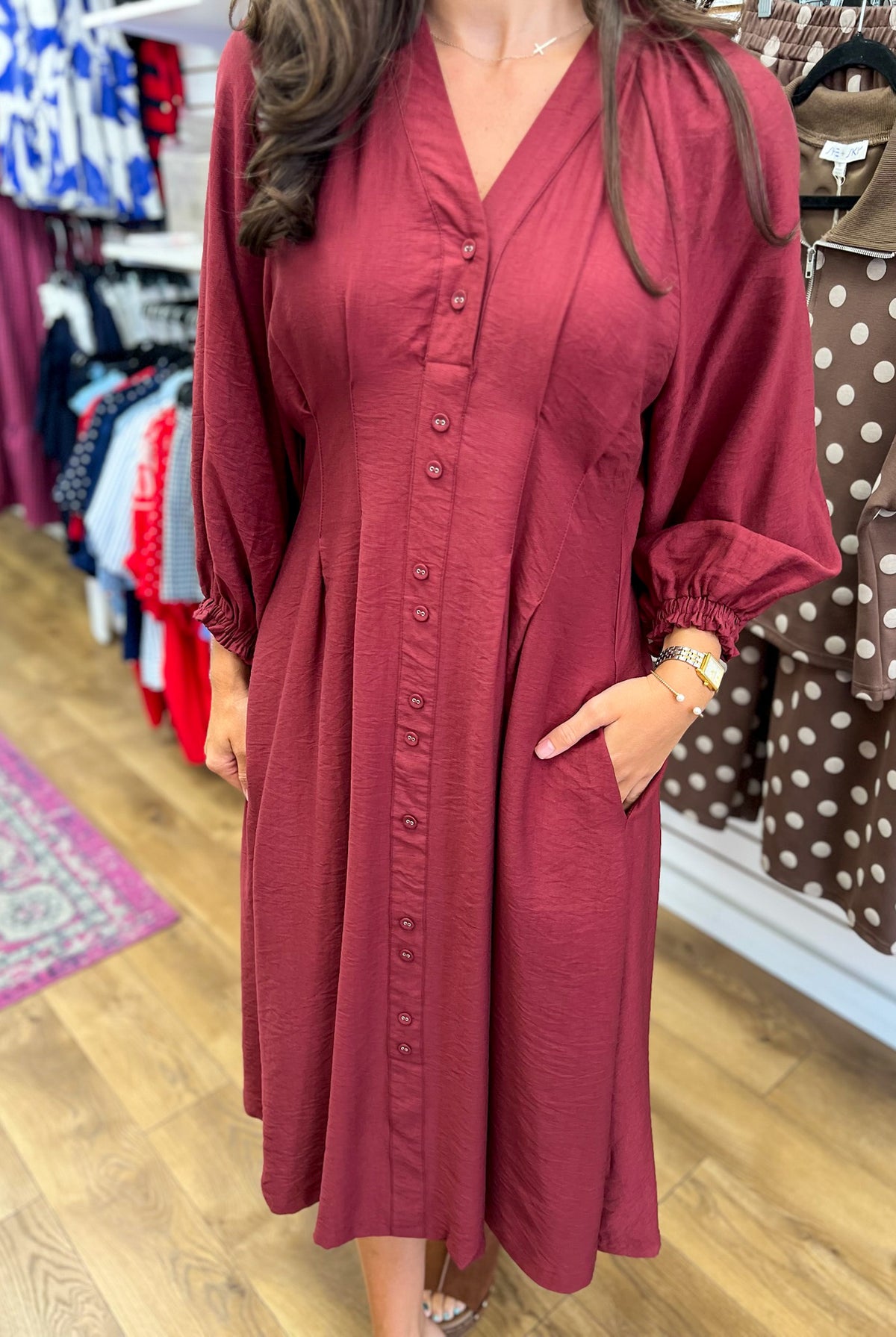 Entro burgundy button-down midi dress with long balloon sleeves and side pockets