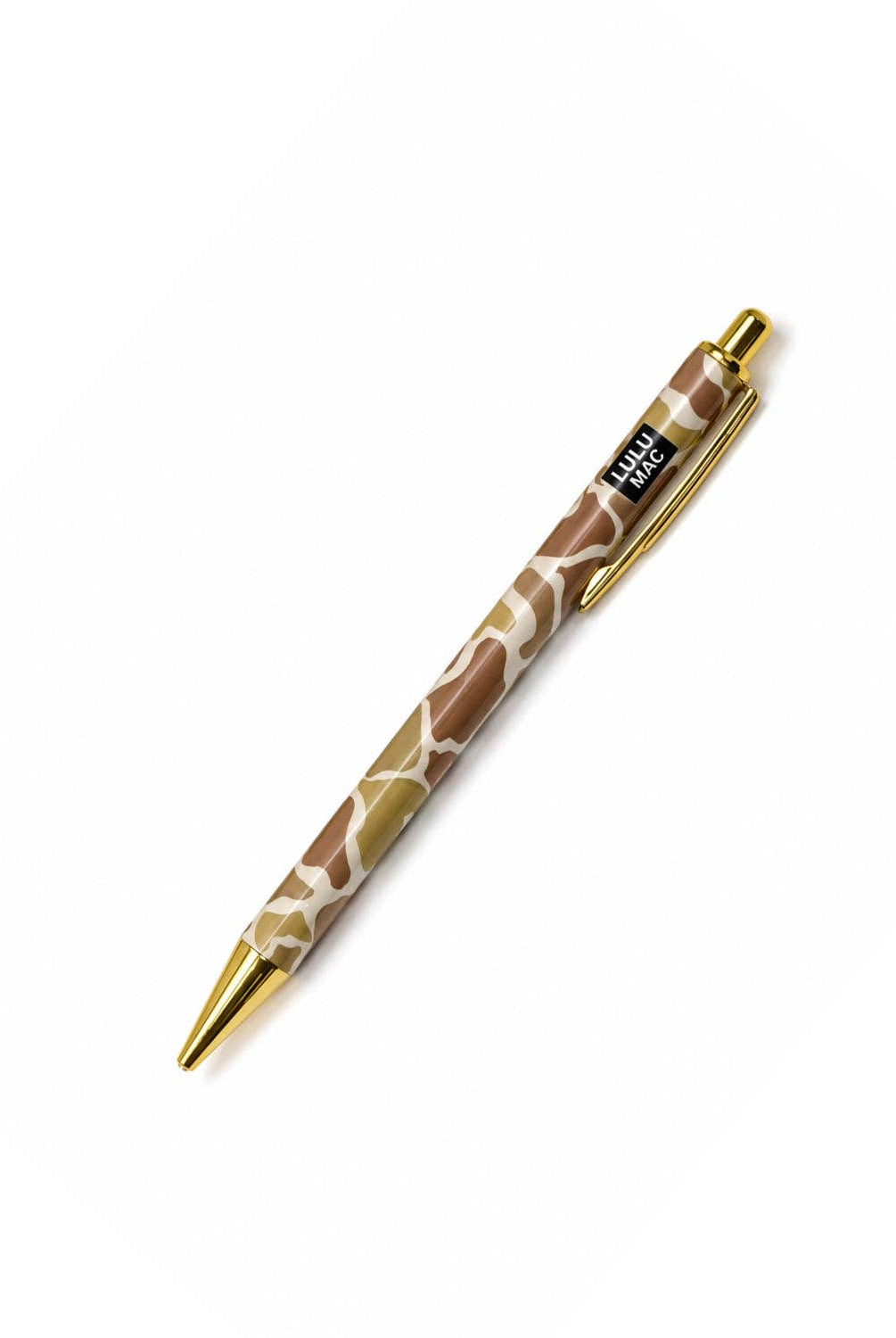 Giraffe print ballpoint pen with gold metal accents and Lulu Mac branding