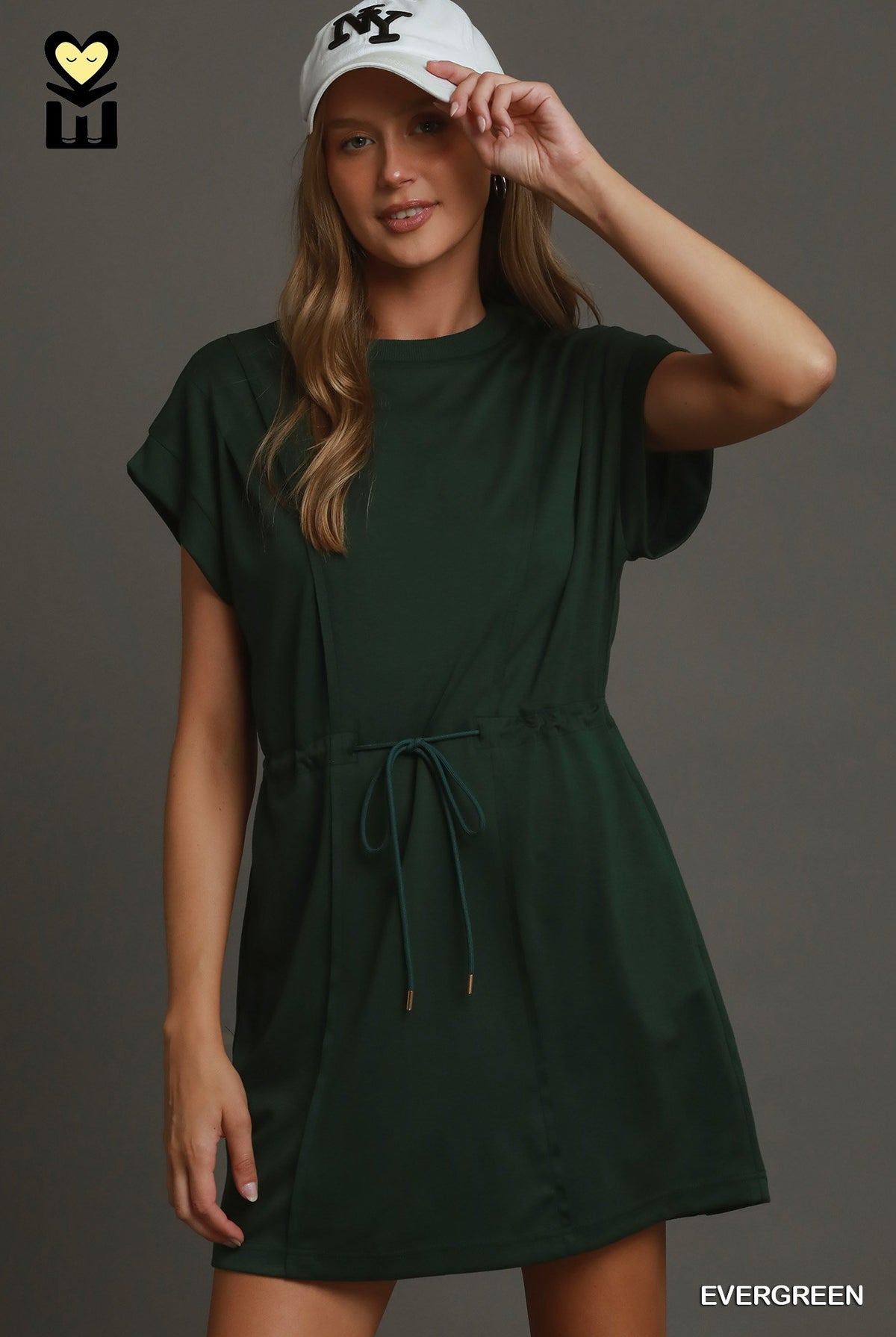 Evergreen short sleeve knit mini dress with drawstring waist and rolled cuffs