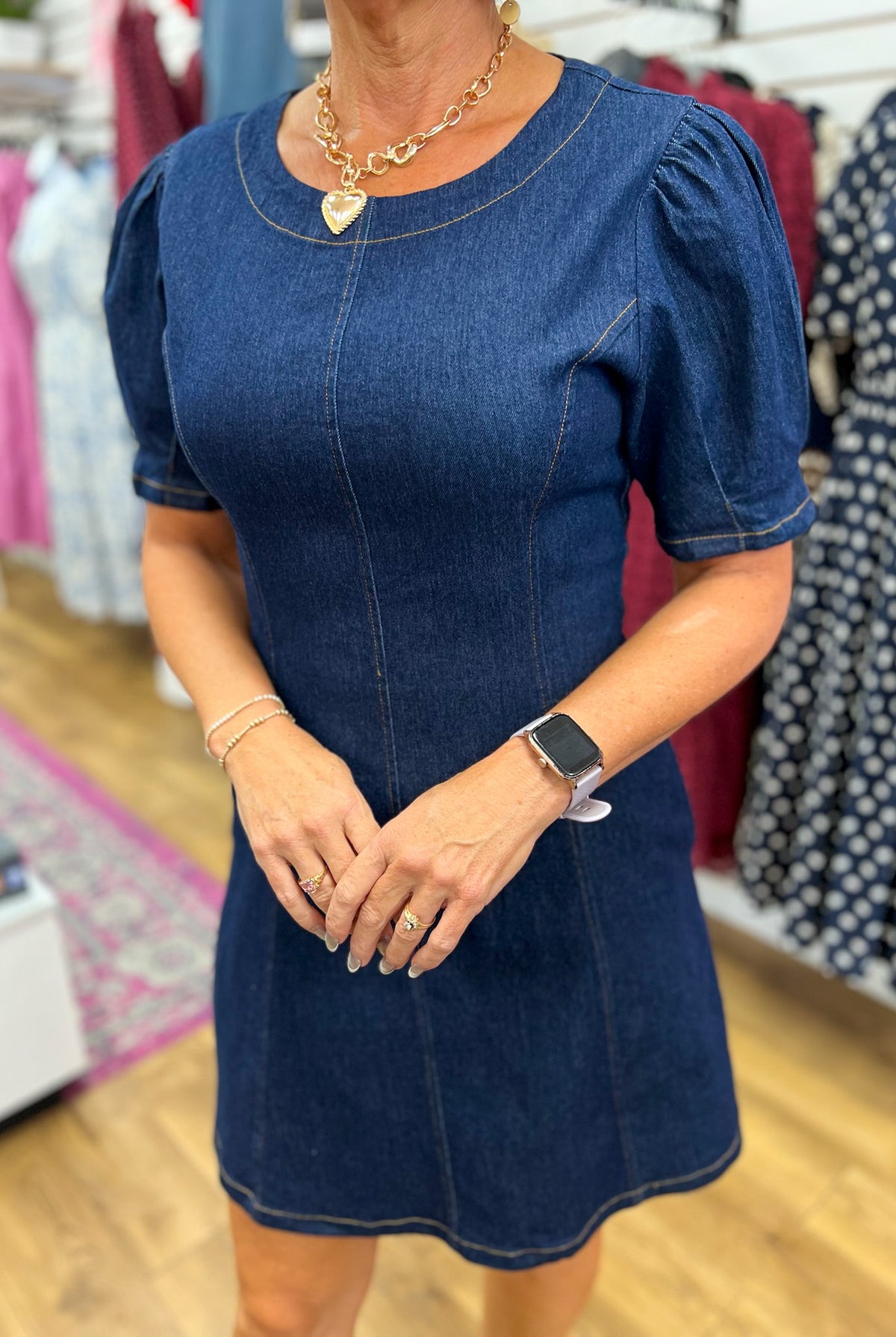 She + Sky dark denim short sleeve mini dress with puff shoulders and gold stitching