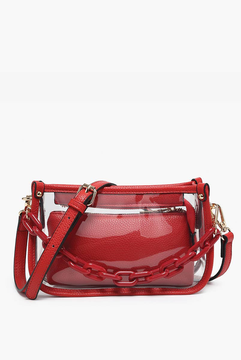 Red clear crossbody bag with red chain strap and gold hardware