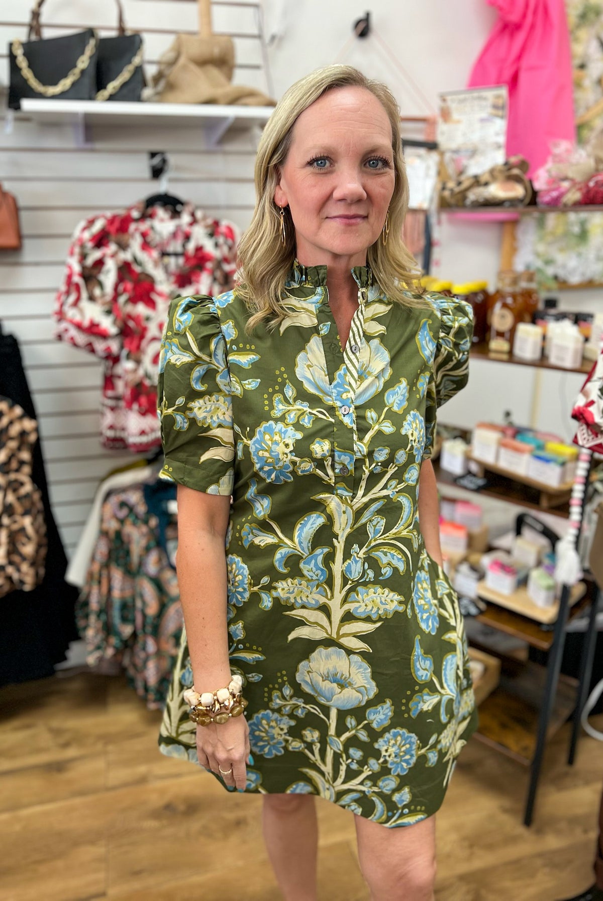 Entro olive green floral mini dress with short puff sleeves and ruffle neckline