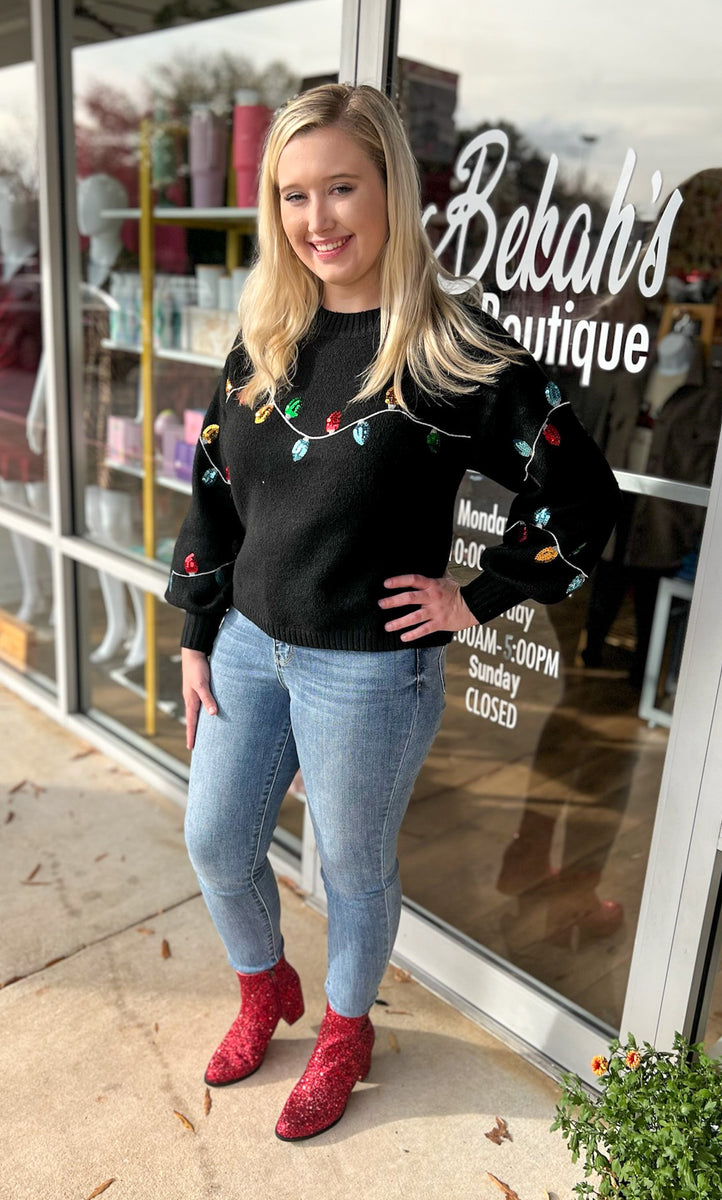 Light Me Up Black Sweater with Sequin Christmas Lights A'Bekah's Boutique
