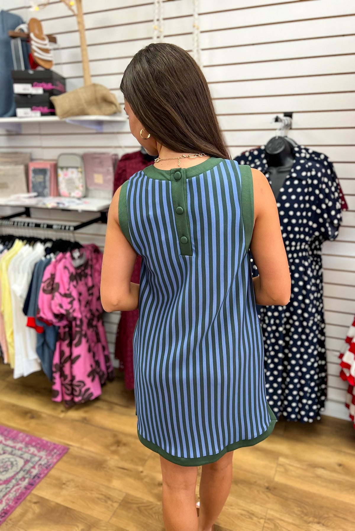 Hunter green and blue vertical striped sleeveless mini dress with button back detail