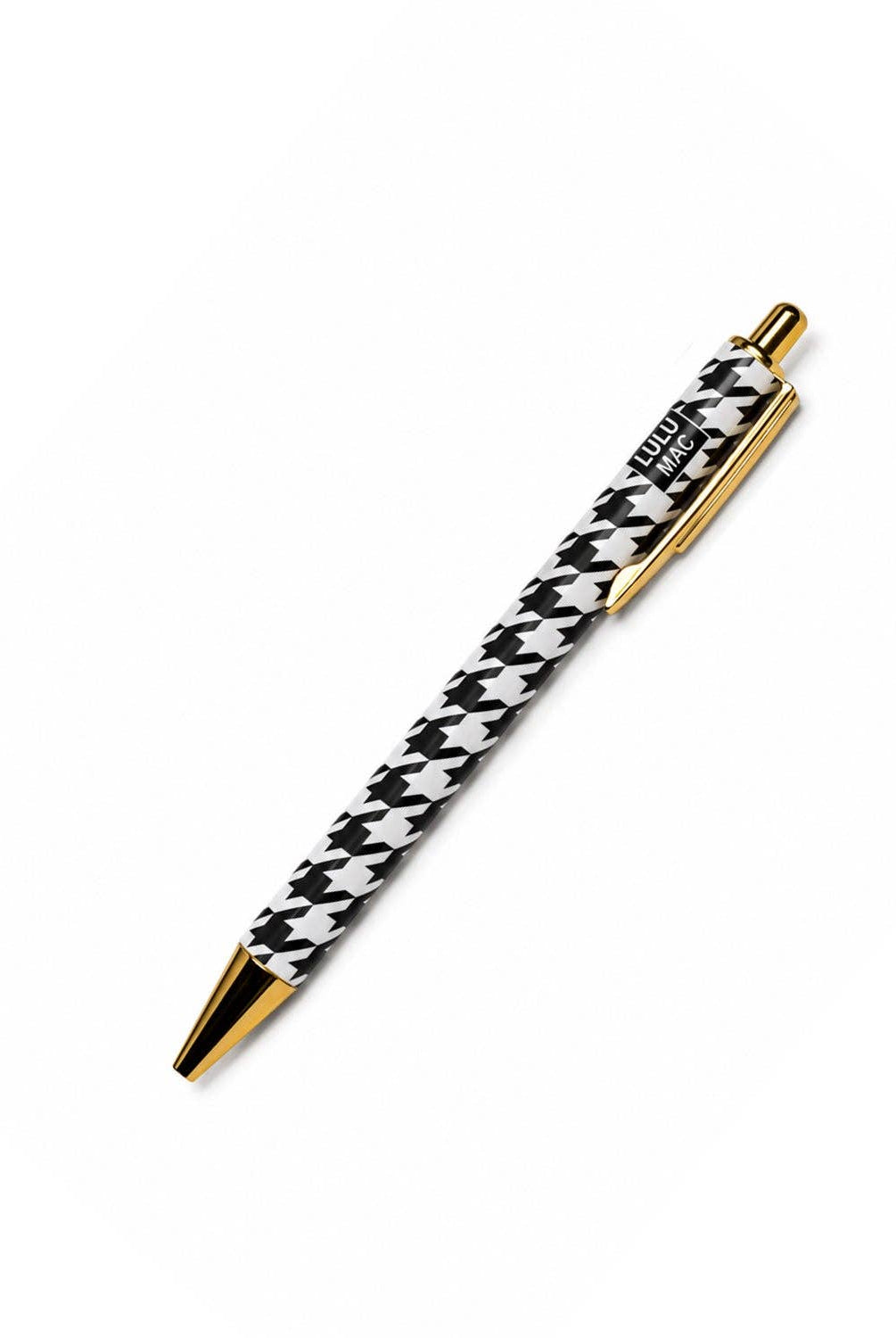 Lulu Mac houndstooth black and white ballpoint pen with gold accents