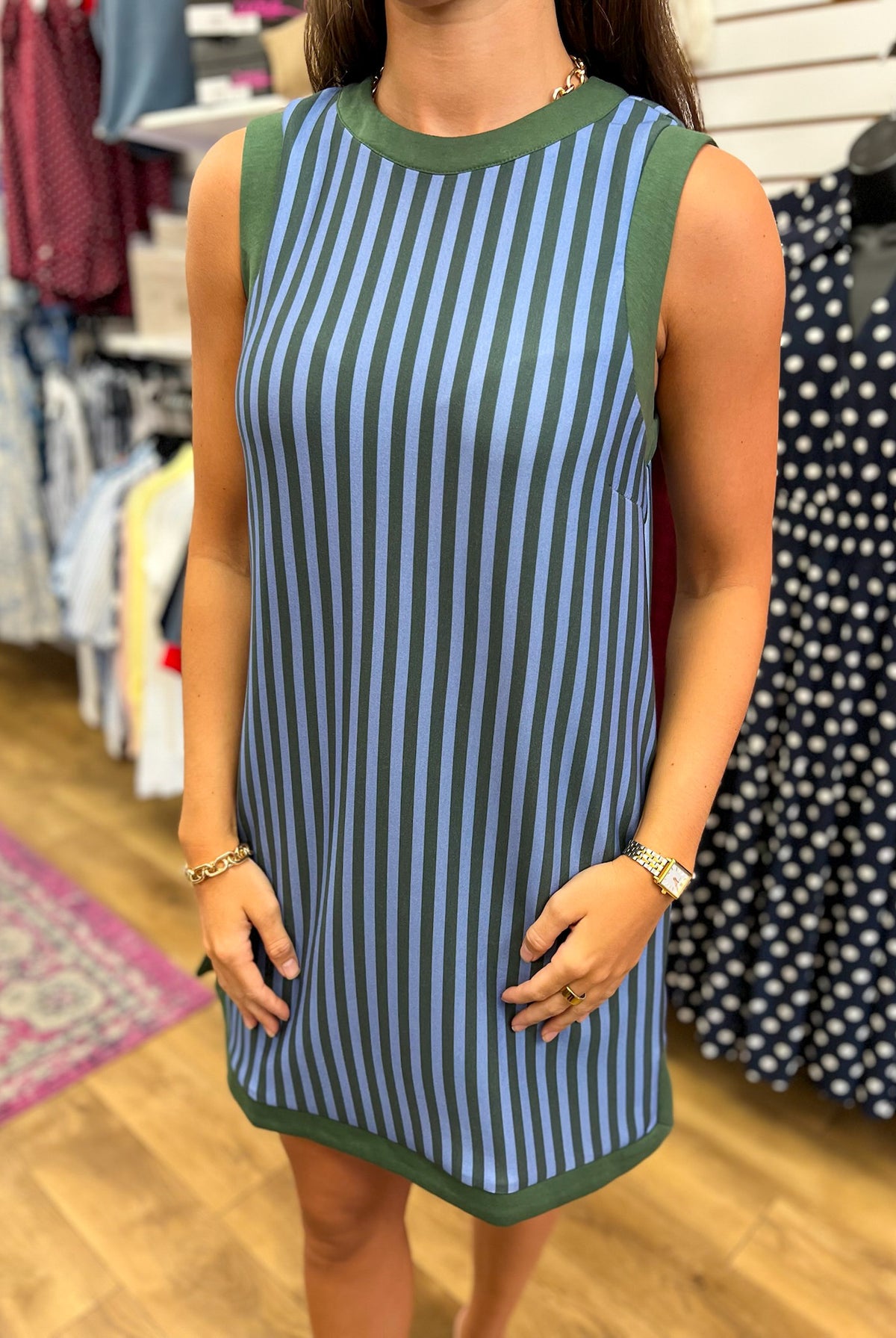 Entro hunter green and blue vertical striped sleeveless shift dress with pockets