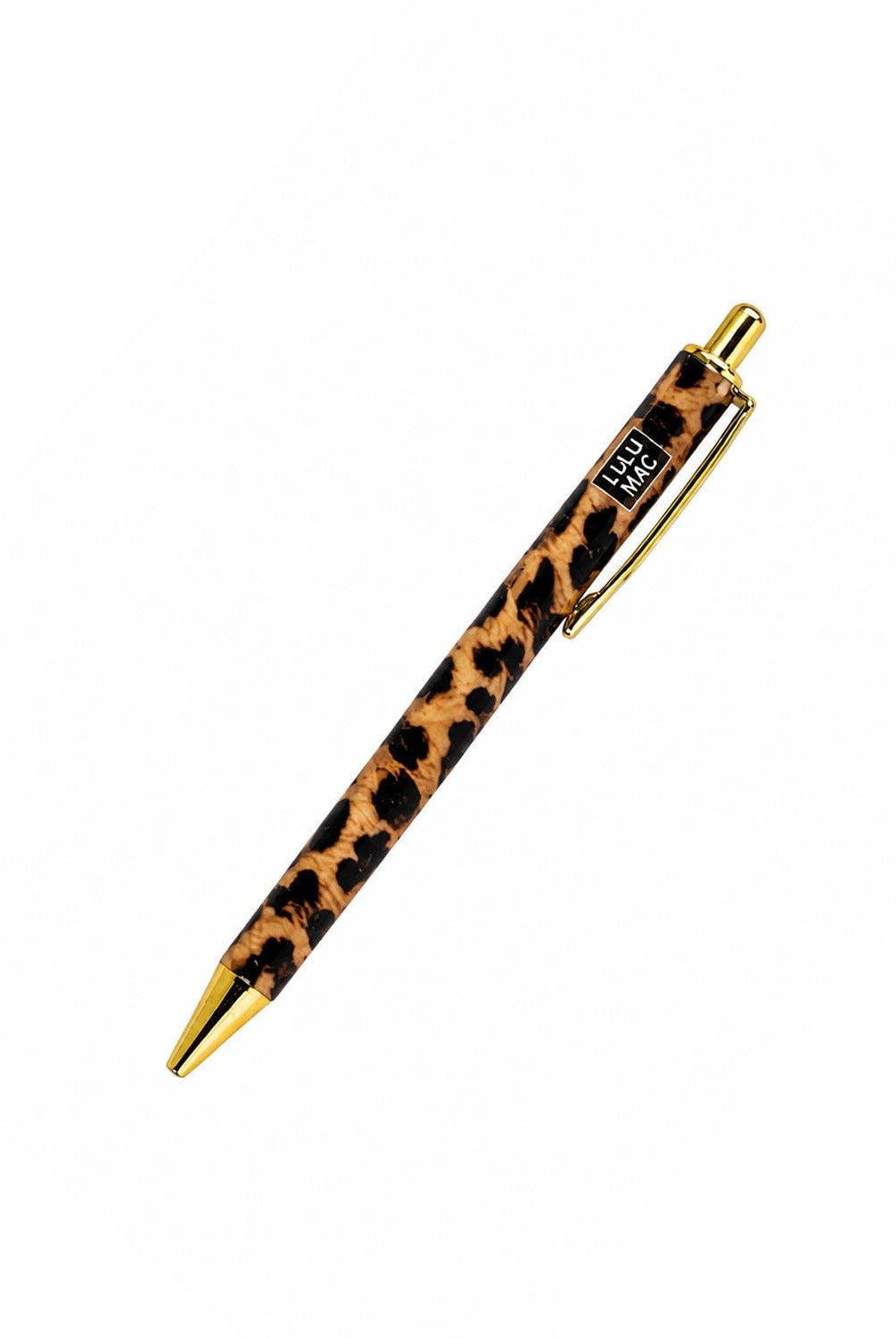 Leopard print ballpoint pen with gold clip and tip by Lulu Mac
