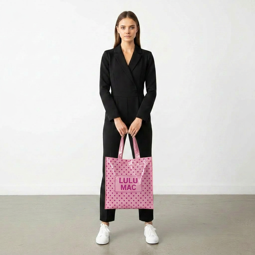 Light pink polka dot reusable tote bag with Lulu Mac branding, glossy finish