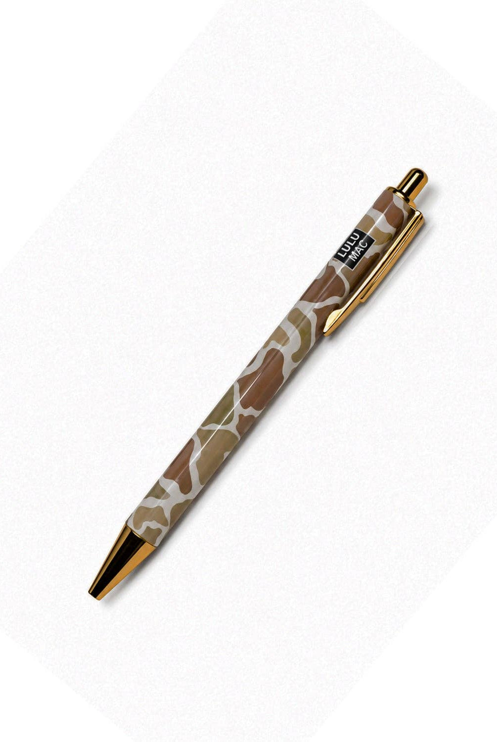 Lulu Mac ballpoint pen with brown camo pattern and gold metallic accents