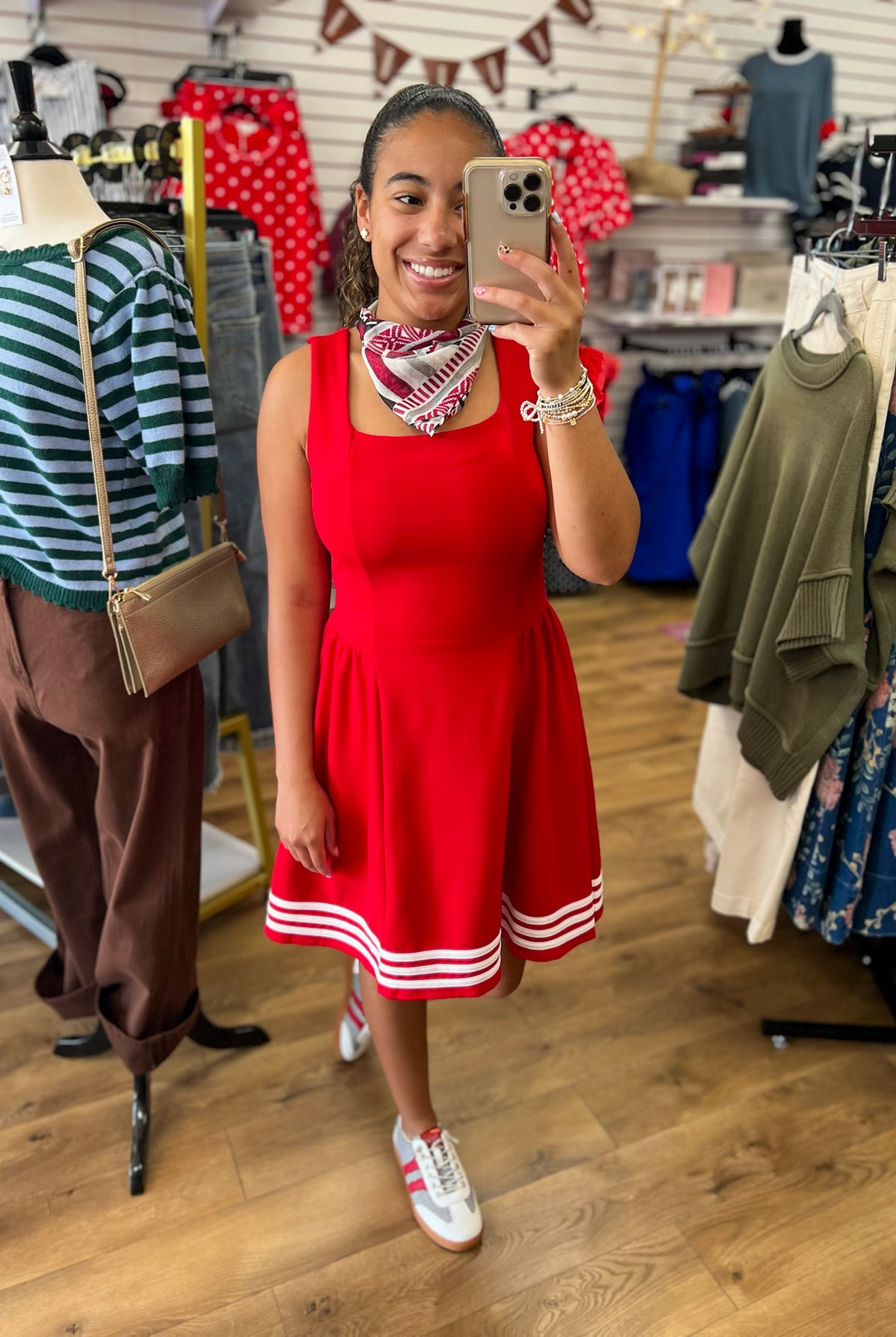 She + Sky red sleeveless square neck dress with white contrast stripe hem trim