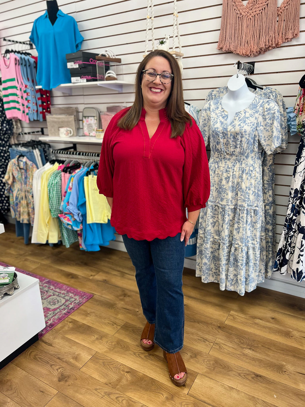 Wine red V-neck top with 3/4 balloon sleeves and scalloped hem
