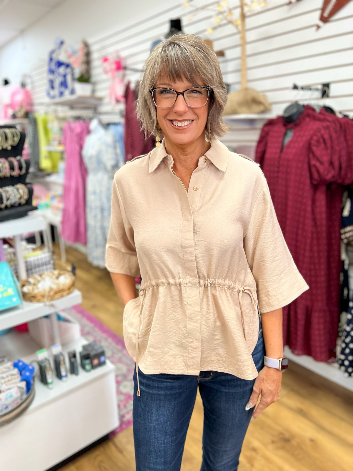 Entro light taupe short sleeve button-up top with drawstring cinched waist
