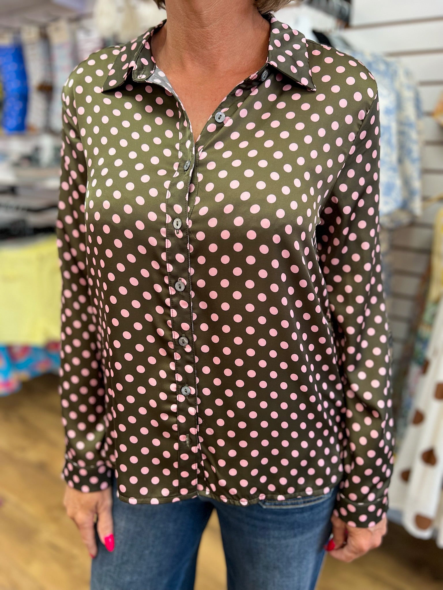 She + Sky olive satin button-up shirt with pink polka dots, long sleeves