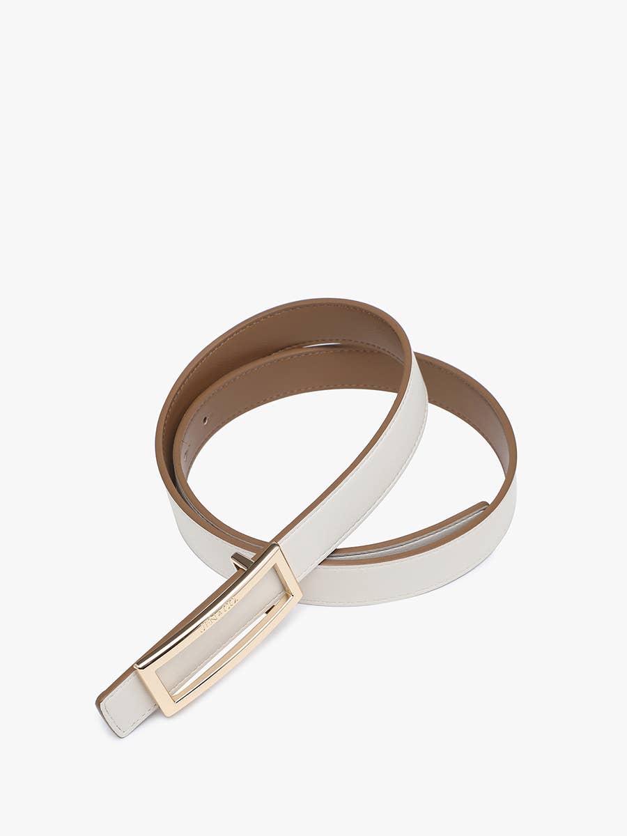 White double-sided leather belt with gold rectangular frame buckle, tan interior