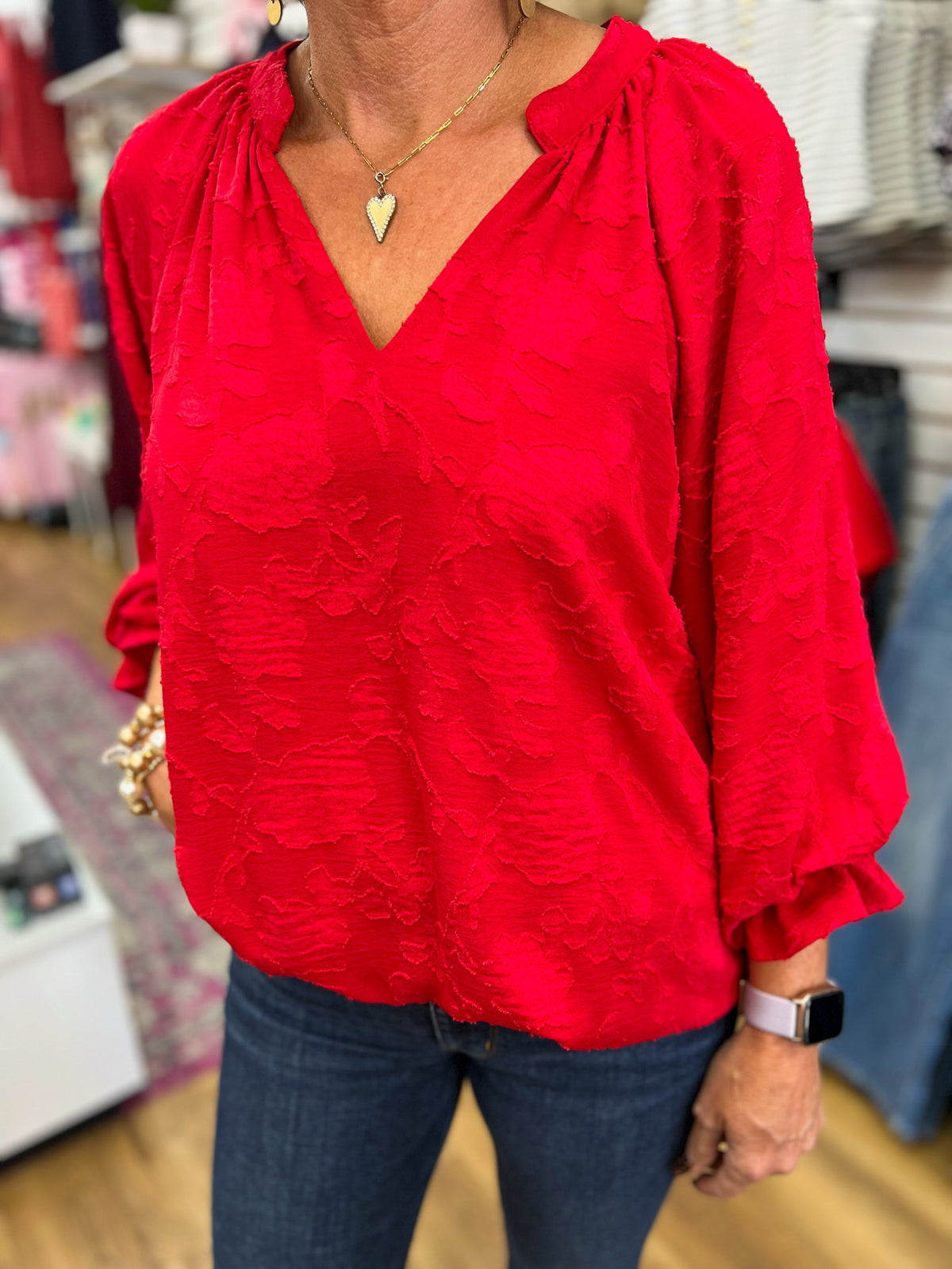 Cherry red jacquard floral blouse with V-neck and 3/4 balloon sleeves