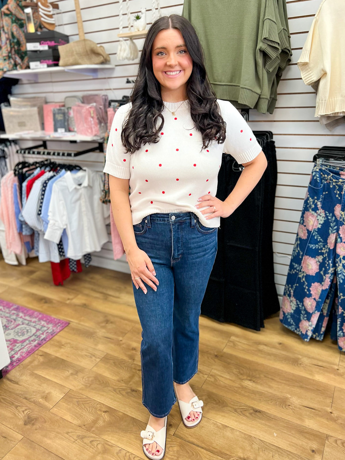 EE:Some white short sleeve sweater with red polka dots, styled with wide-leg jeans