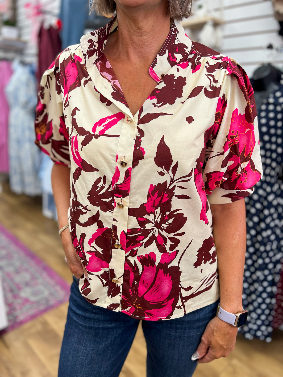 Entro cream and wine floral button-up top with pink blooms and short puff sleeves