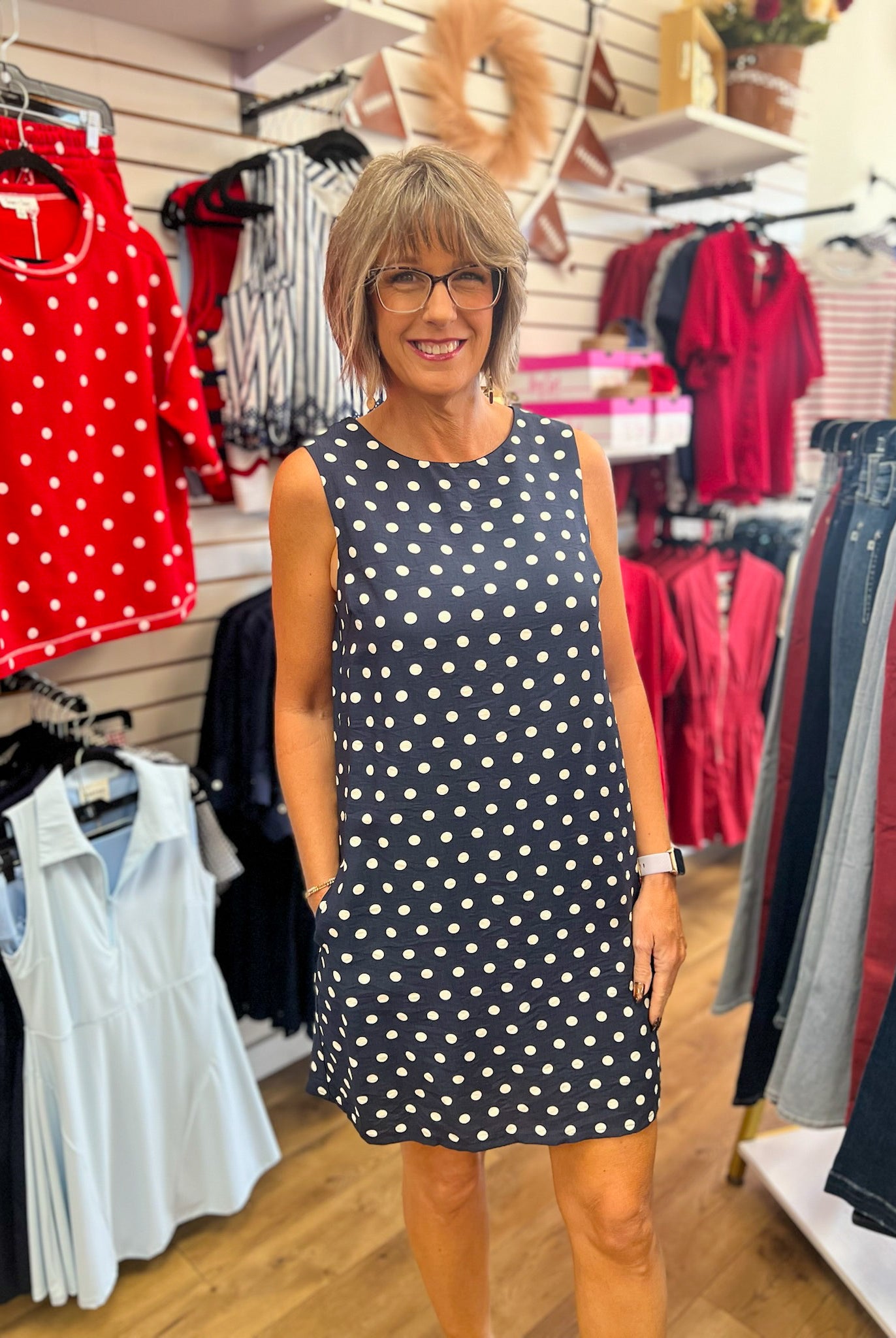 She + Sky navy blue sleeveless polka dot mini dress with pockets