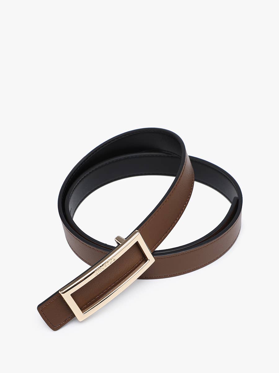 Brown and black reversible leather belt with gold rectangular frame buckle