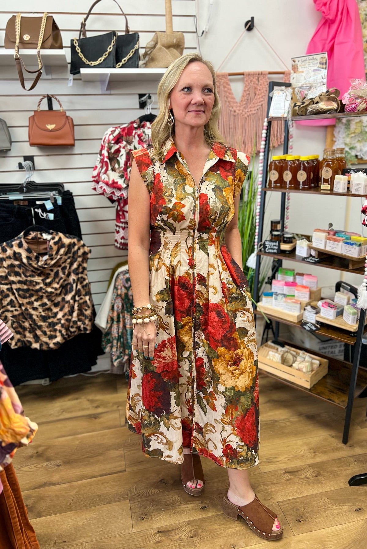 Entro cream floral sleeveless zip-front midi dress with red and gold blooms