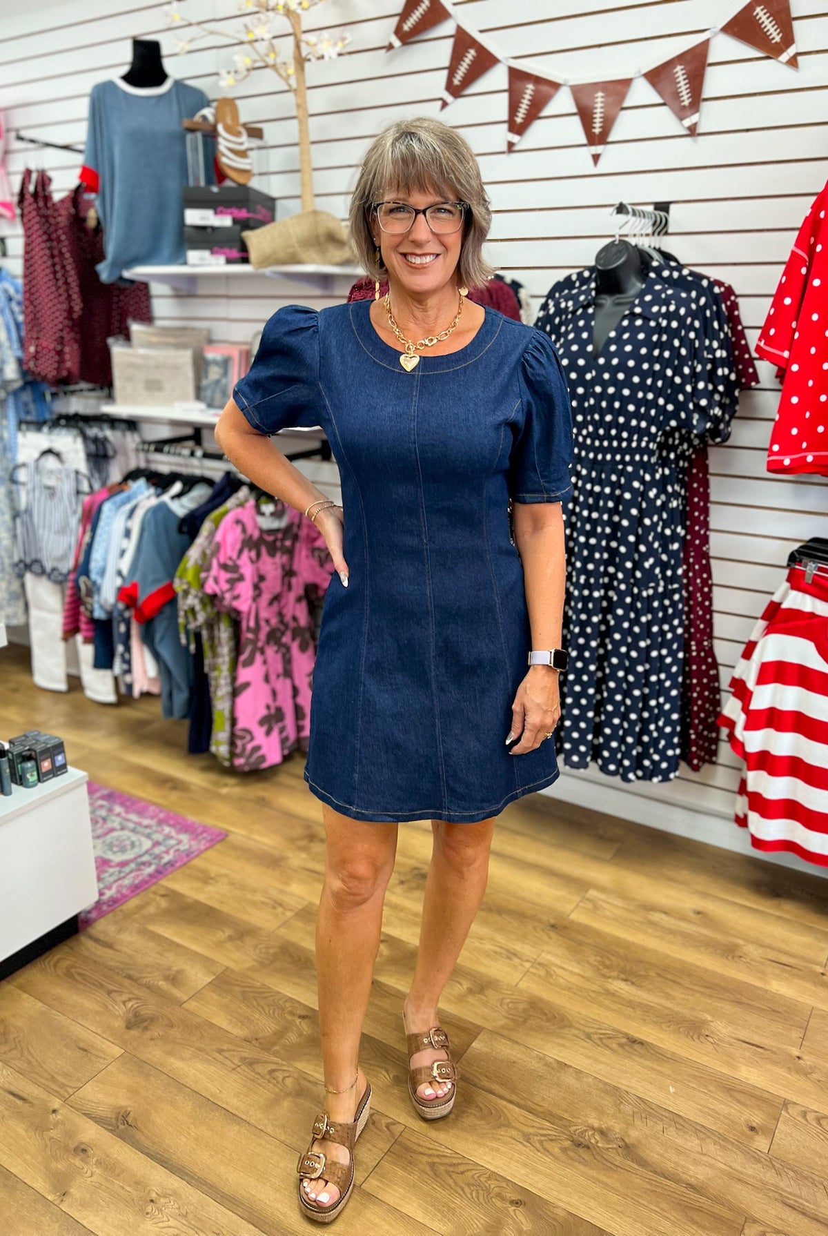 She + Sky dark denim short puff sleeve mini dress with pockets