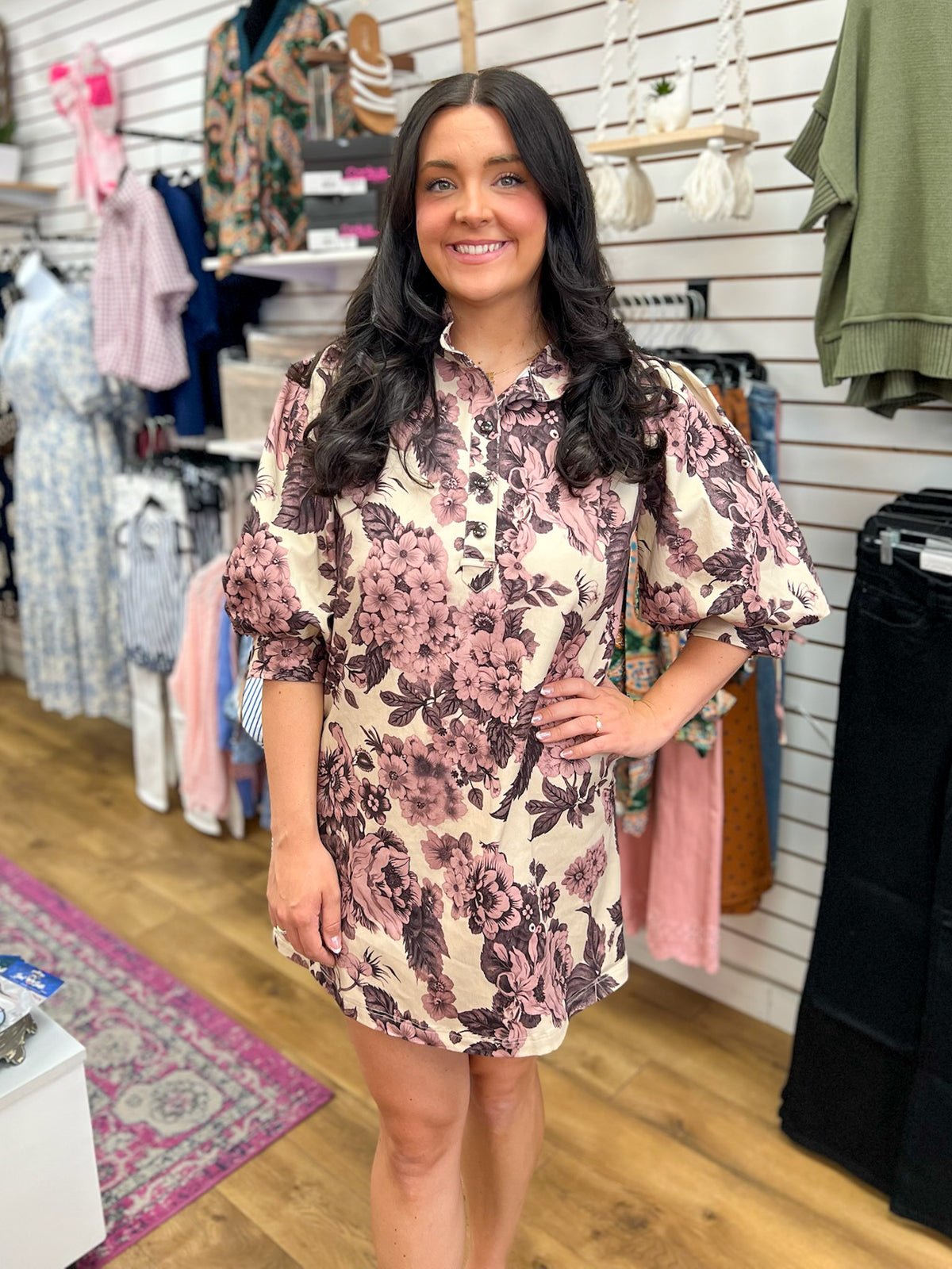 Ecru Blush Floral Dress with 3/4 Puff Sleeves