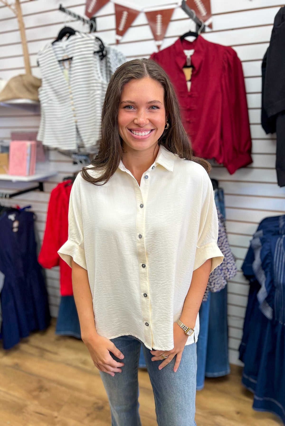 Entro ecru button-down top with short dolman sleeves, worn with jeans
